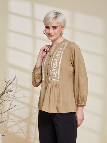 Beige Rayon Embroidered Regular Fit Shirt for Women
